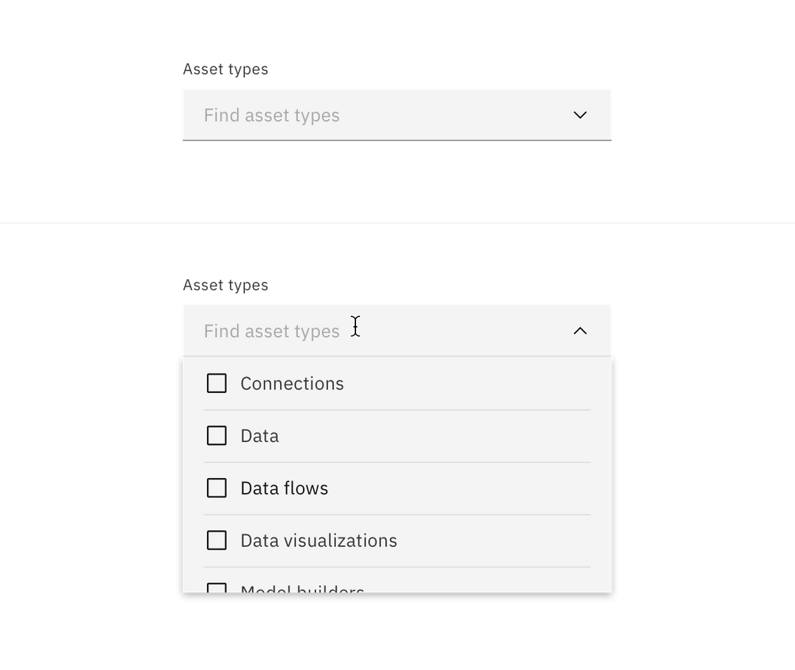 Filterable dropdown closed and open state. Filterable dropdown closed and open state.