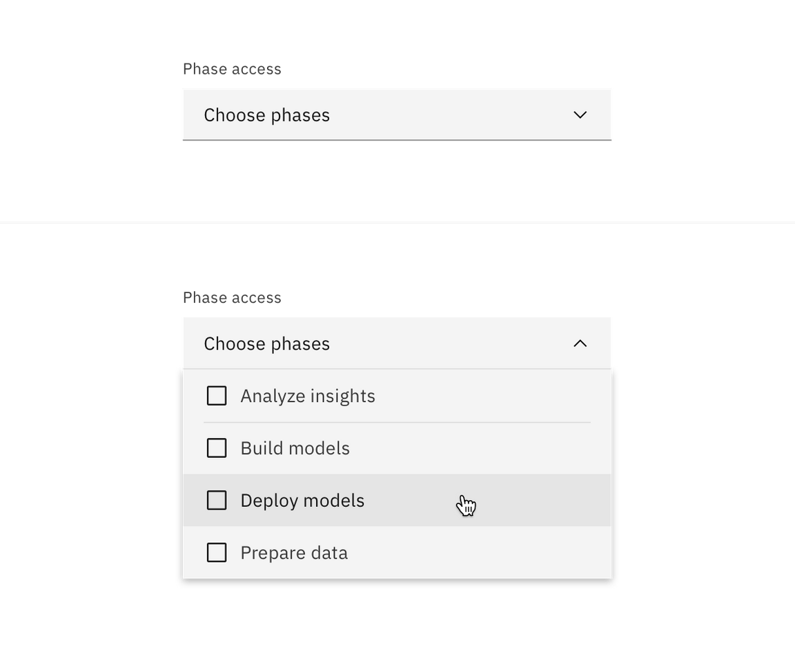 Multiselect dropdown closed and open states. Multiselect dropdown closed and open states.