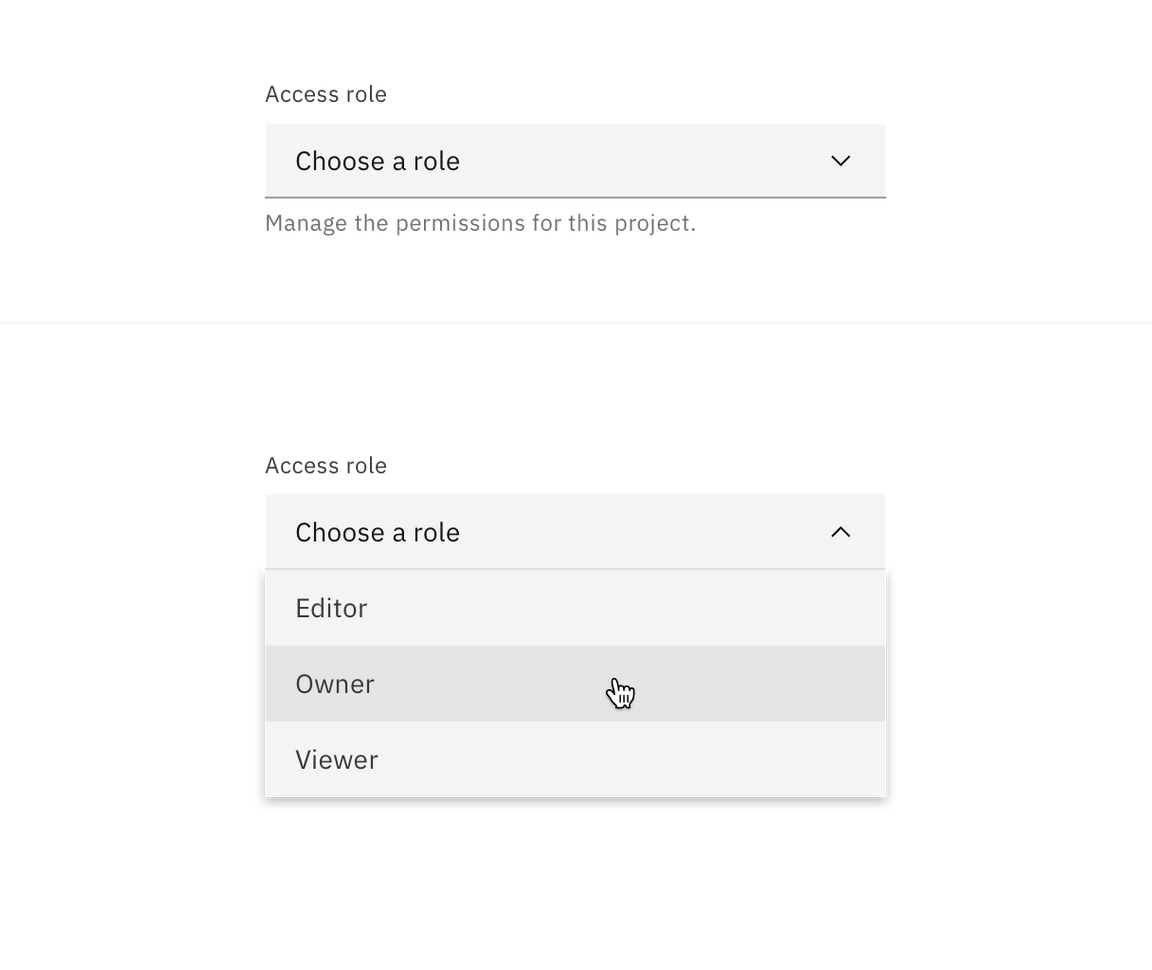 Dropdown closed and open state. Dropdown closed and open state.